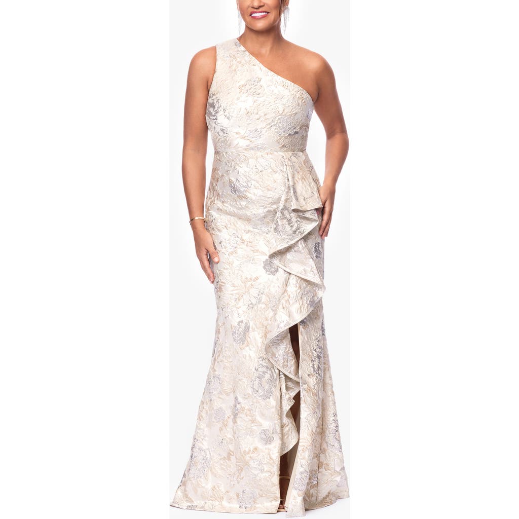 Xscape Evenings Metallic Floral Jacquard One-shoulder Sheath Gown In Champagne