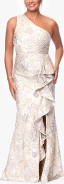 Xscape Evenings Metallic Floral Jacquard One-Shoulder Sheath Gown