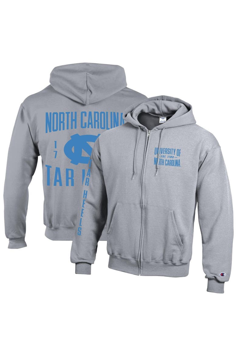 Men's Champion  Heather Gray North Carolina Tar Heels Varsity Powerblend Full-Zip Fleece Hoodie, Main, color, Heather Gray