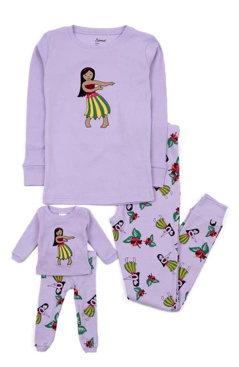 LEVERET Hula Girl Print Girl and Doll Cotton Pajama Set