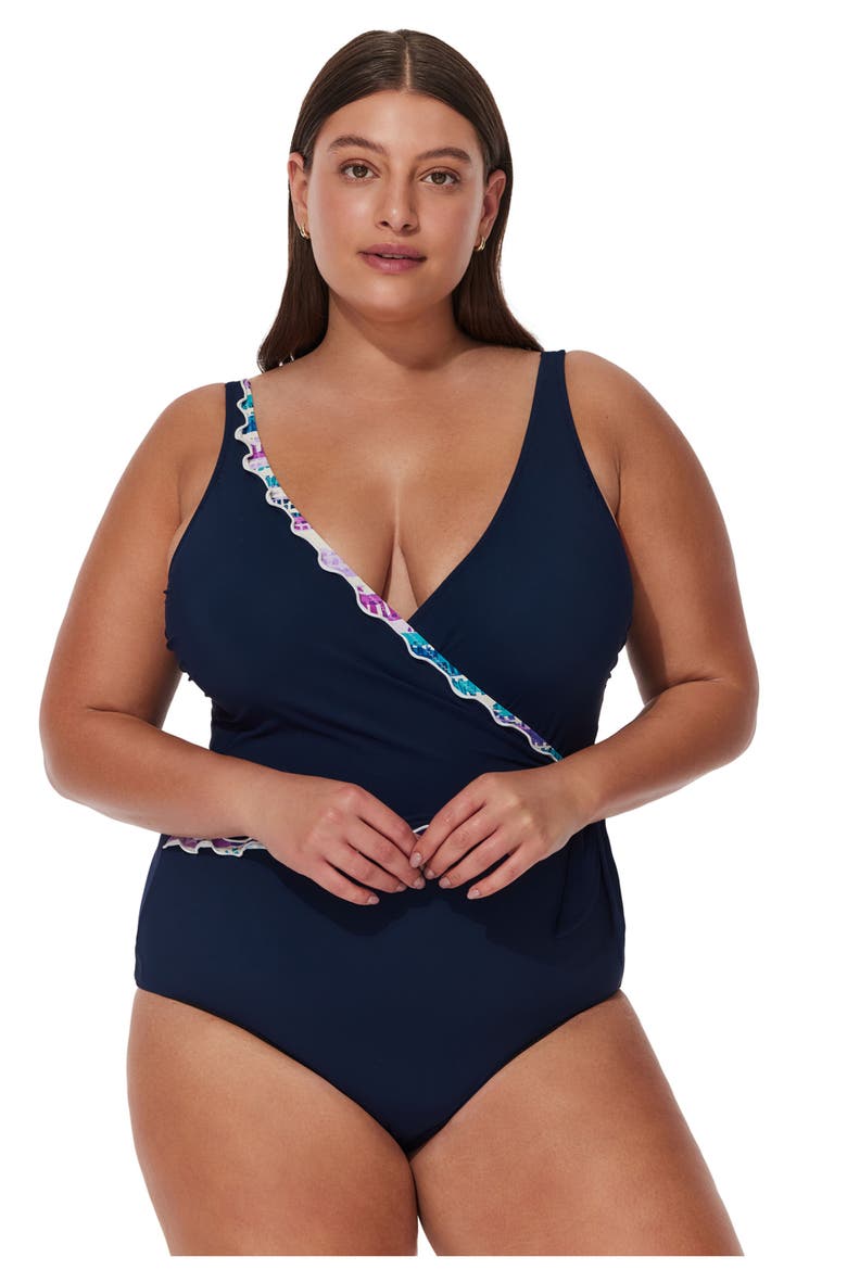 Canva Plus Size Tricolore V Neck Surplice One Piece, Main, color, Navy