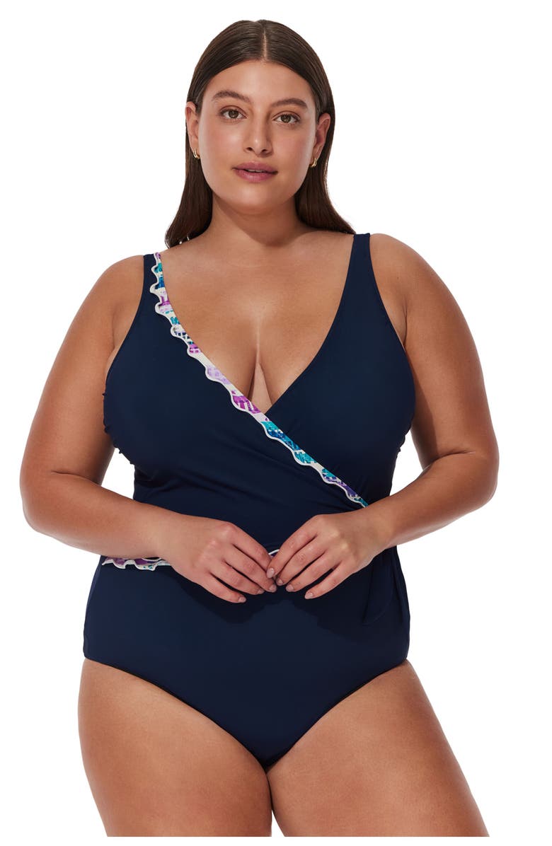 Gottex Canva Plus Size Tricolore V Neck Surplice One Piece, Main, color, Navy