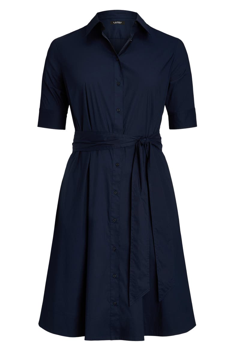 Belted Fit & Flare Cotton Blend Shirtdress, Alternate, color, LAUREN NAV