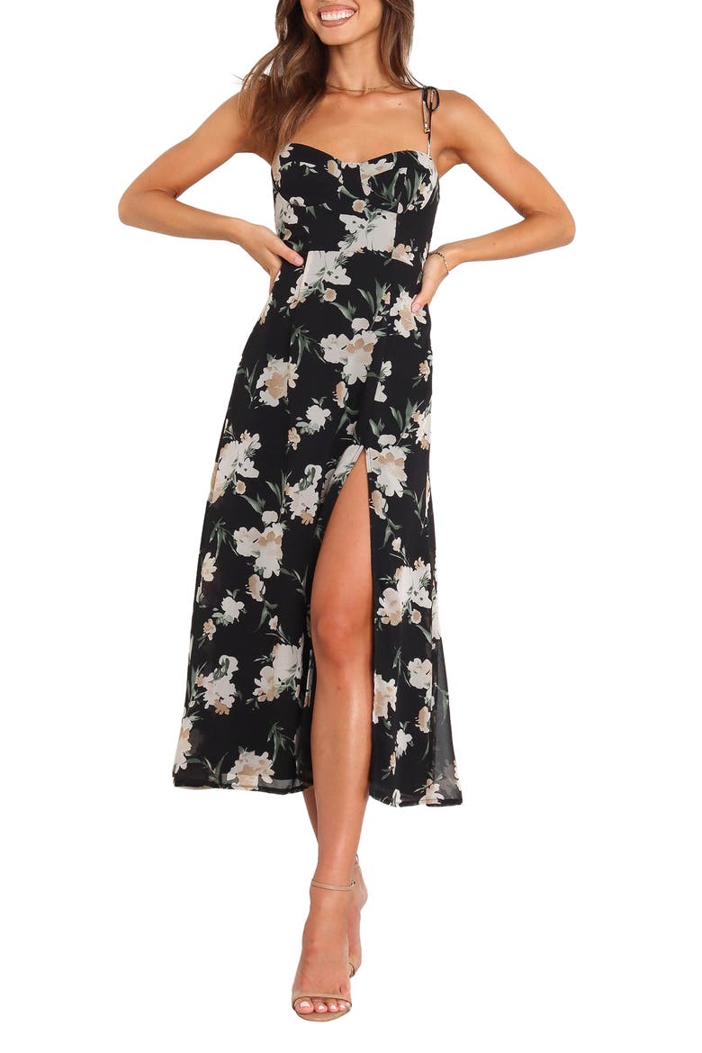 Meg Floral Print Bustier Dress, Main, color, BLACK