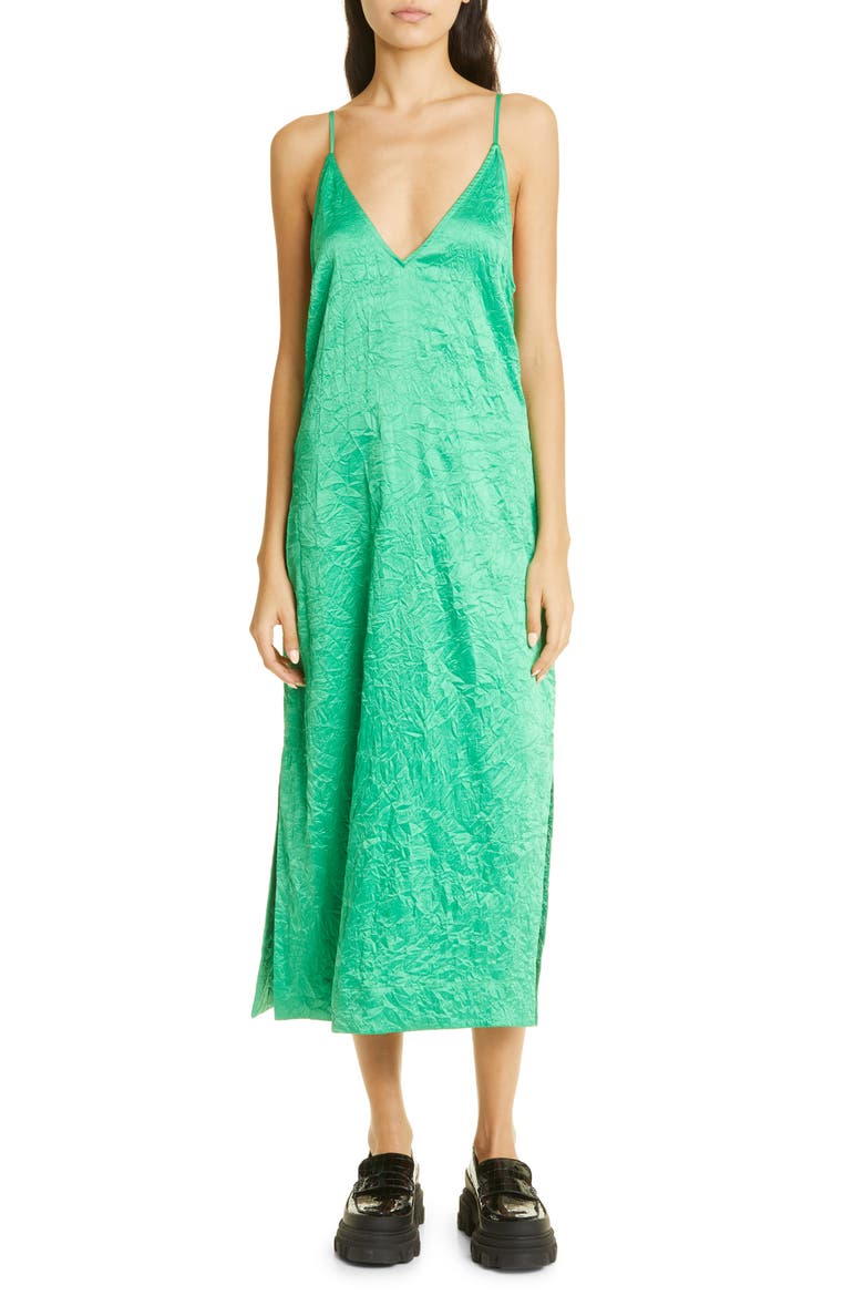 Crinkled Satin Slipdress, Main, color, BRIGHT GREEN