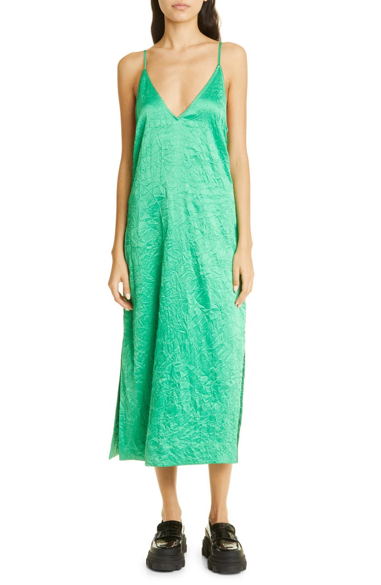 Ganni Crinkled Satin Slipdress, Main, color, 