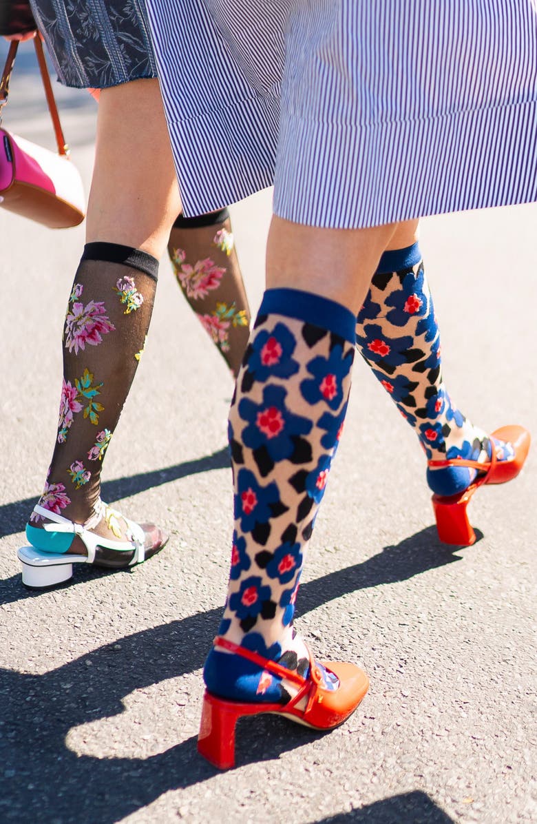 Sock Candy 2-Pack Floral Sheer Knee High Socks, Alternate, color, Blue/ Black