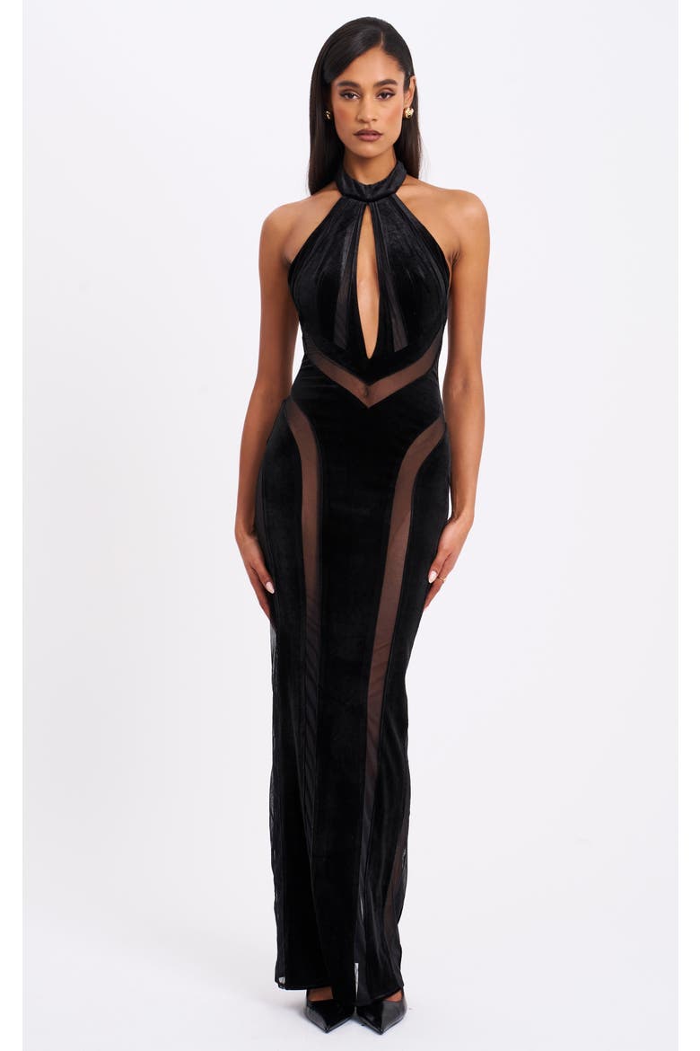 Paityn Velvet Mesh Cutout Halter Gown, Main, color, Black