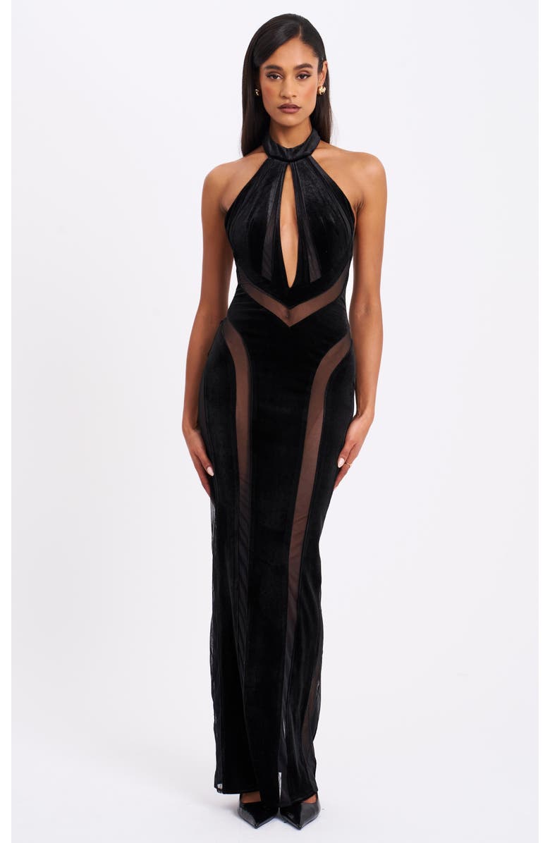 Miss Circle Paityn Velvet Mesh Cutout Halter Gown, Main, color, Black