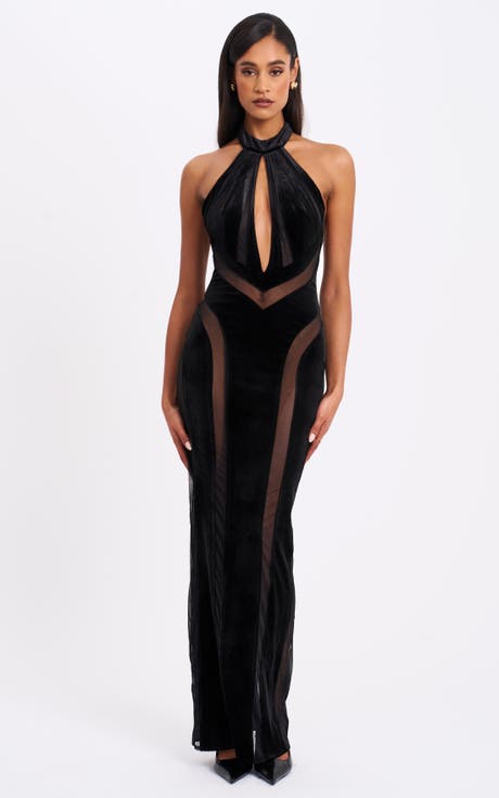Paityn Velvet Mesh Cutout Halter Gown