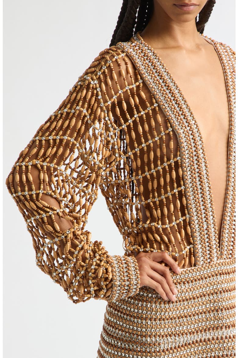 Beaded Long Sleeve Plunge Neck Minidress, Alternate, color, NATURAL/ CLEAR
