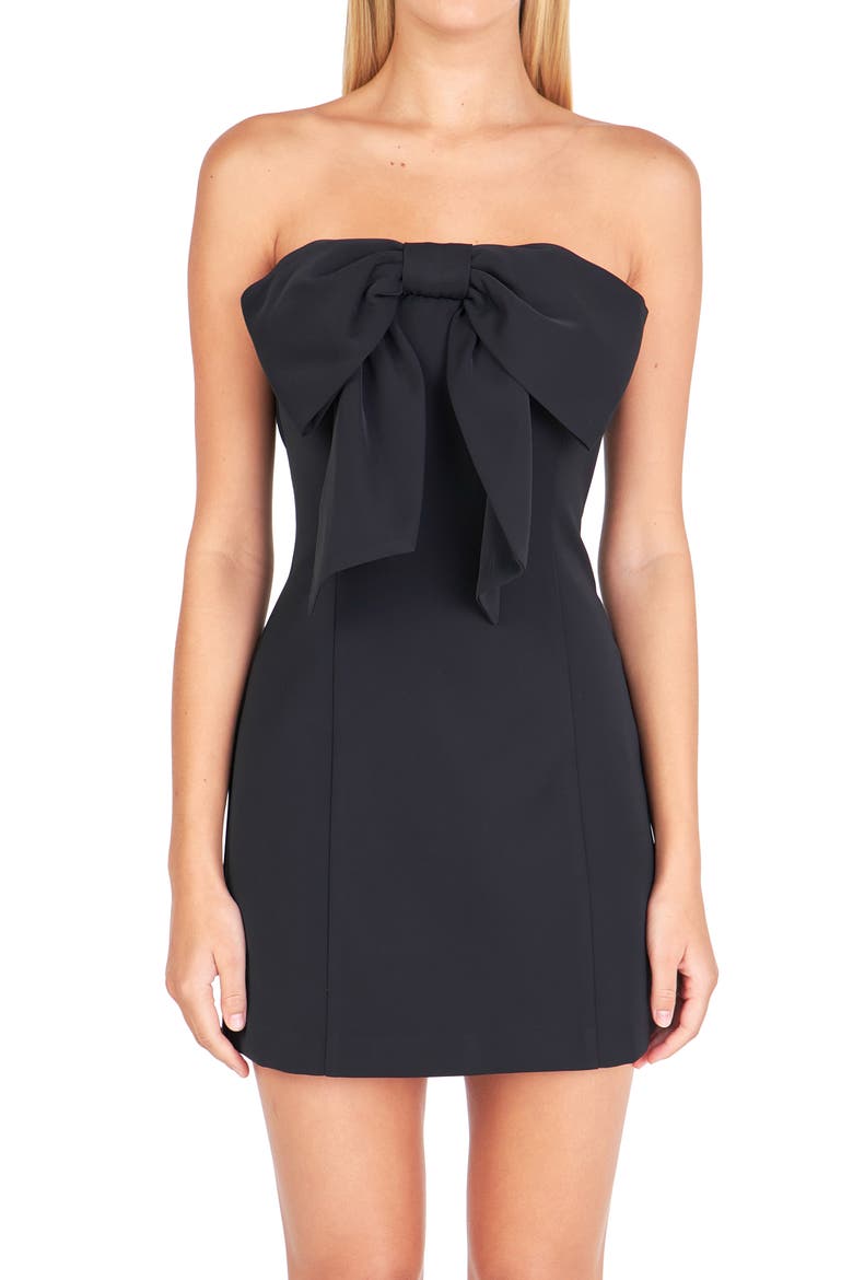 Bow Strapless Minidress, Alternate, color, BLACK