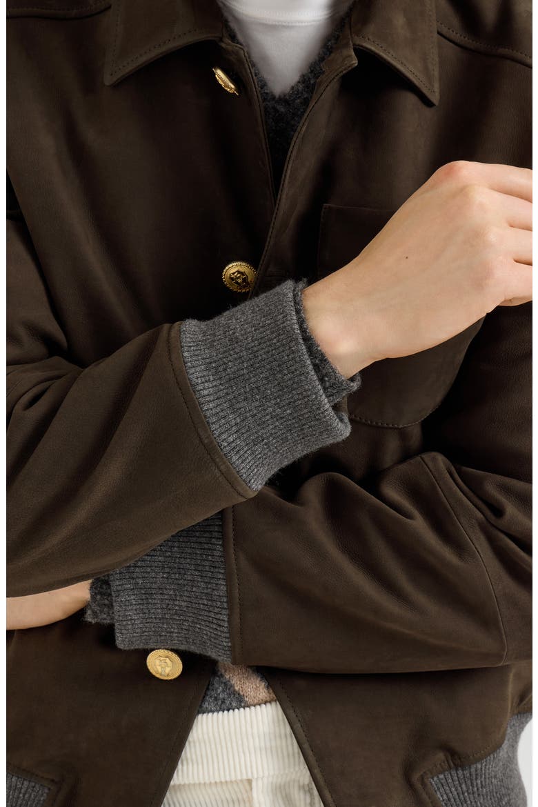 Nubuck Shirt-style Bomber Jacket With Cashmere Inserts And Metal Buttons, Alternate, color, Rust Brown