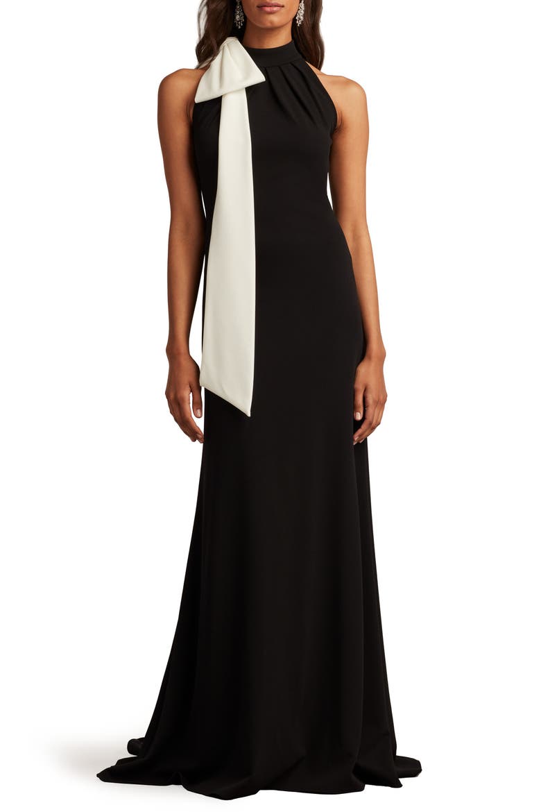 Bow Detail Sleeveless Gown, Main, color, BLACK/ IVORY