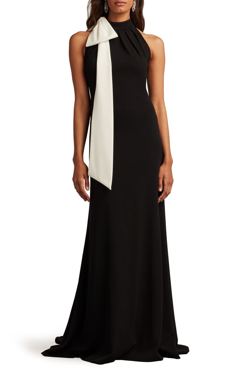 Tadashi Shoji Bow Detail Sleeveless Gown, Main, color, Black/ Ivory