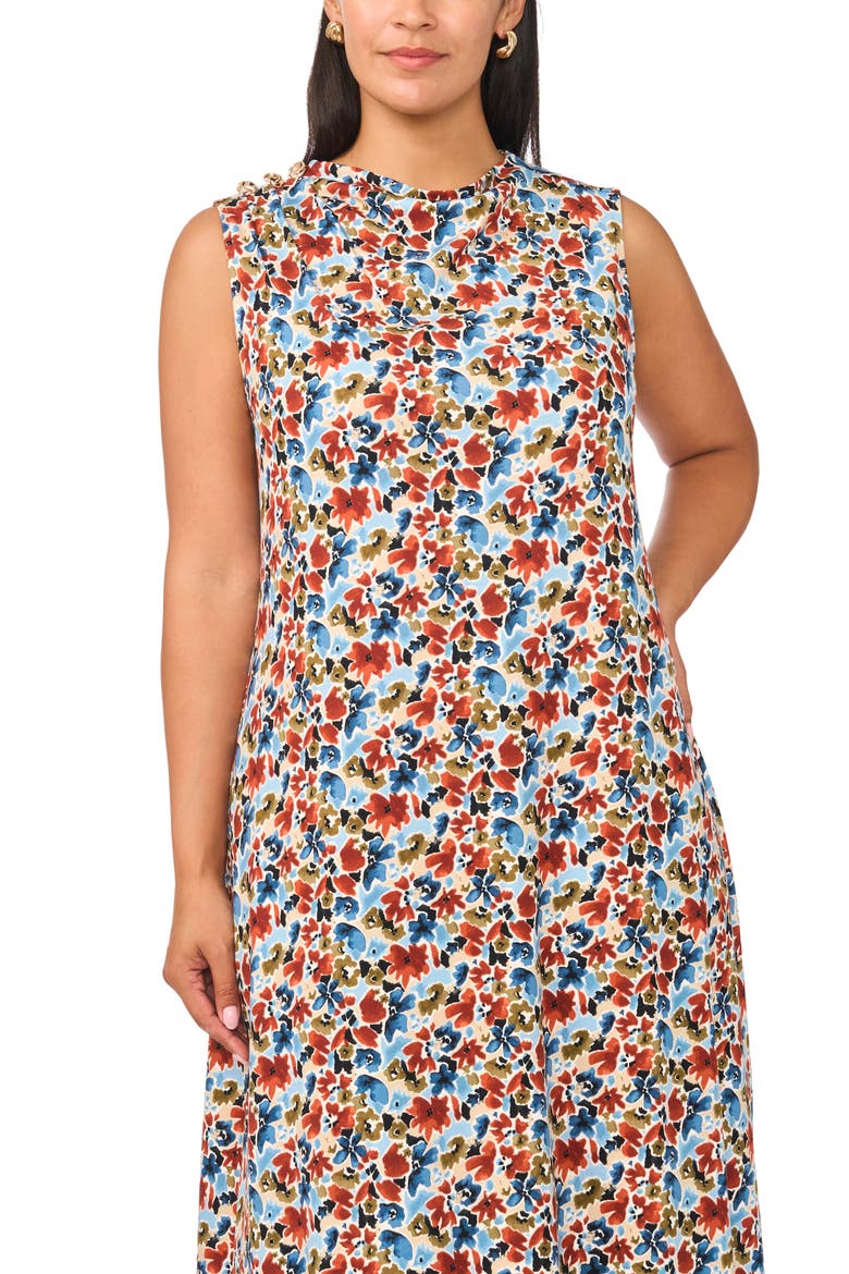 Floral Print Sleeveless Midi Dress, Alternate, color, DENIM NAVY