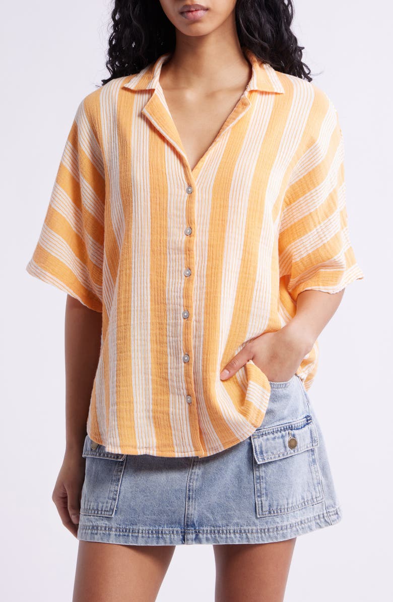 Rip Curl Surf Stripe Cotton Camp Shirt, Main, color, Mango