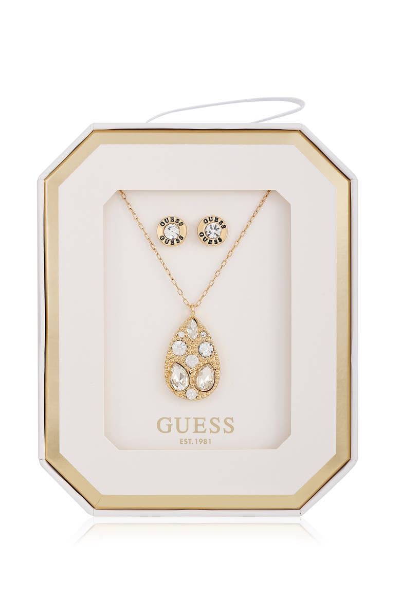 GUESS Teardrop Pendant Necklace & Stud Earrings Set, Main, color, Gold