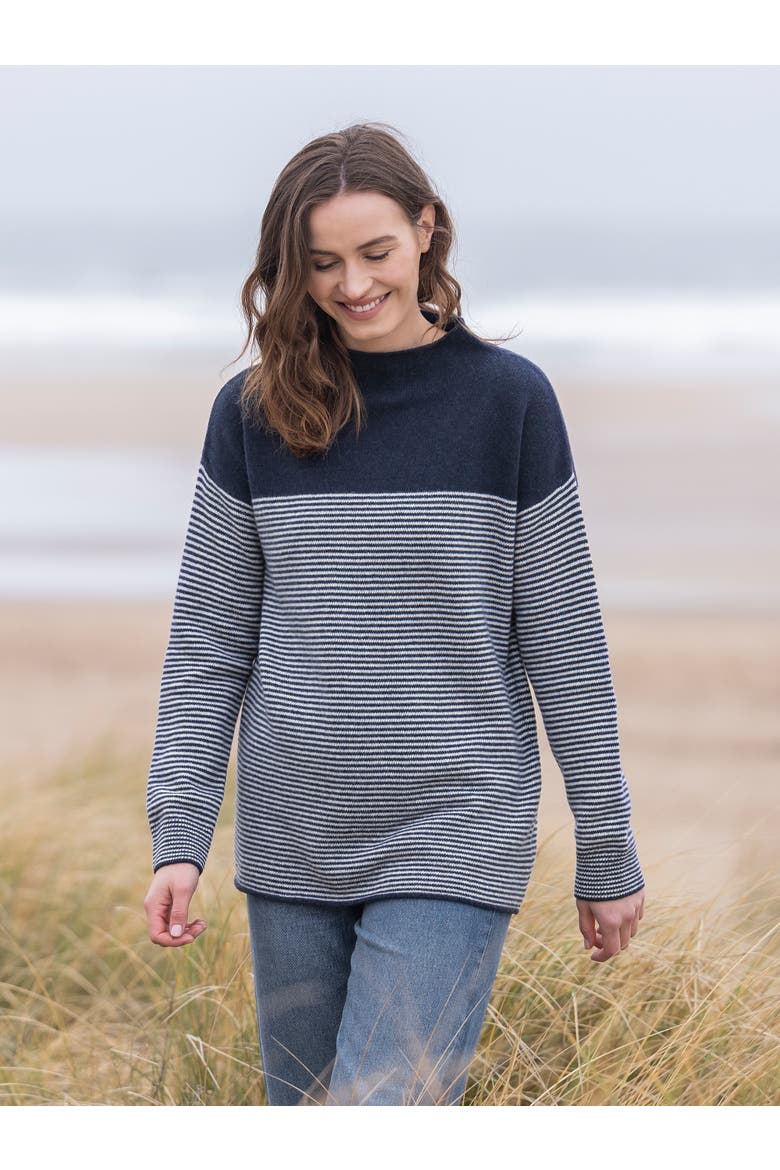 Felted Funnel Neck Sweater, Alternate, color, NAVY / ECRU STRIPE