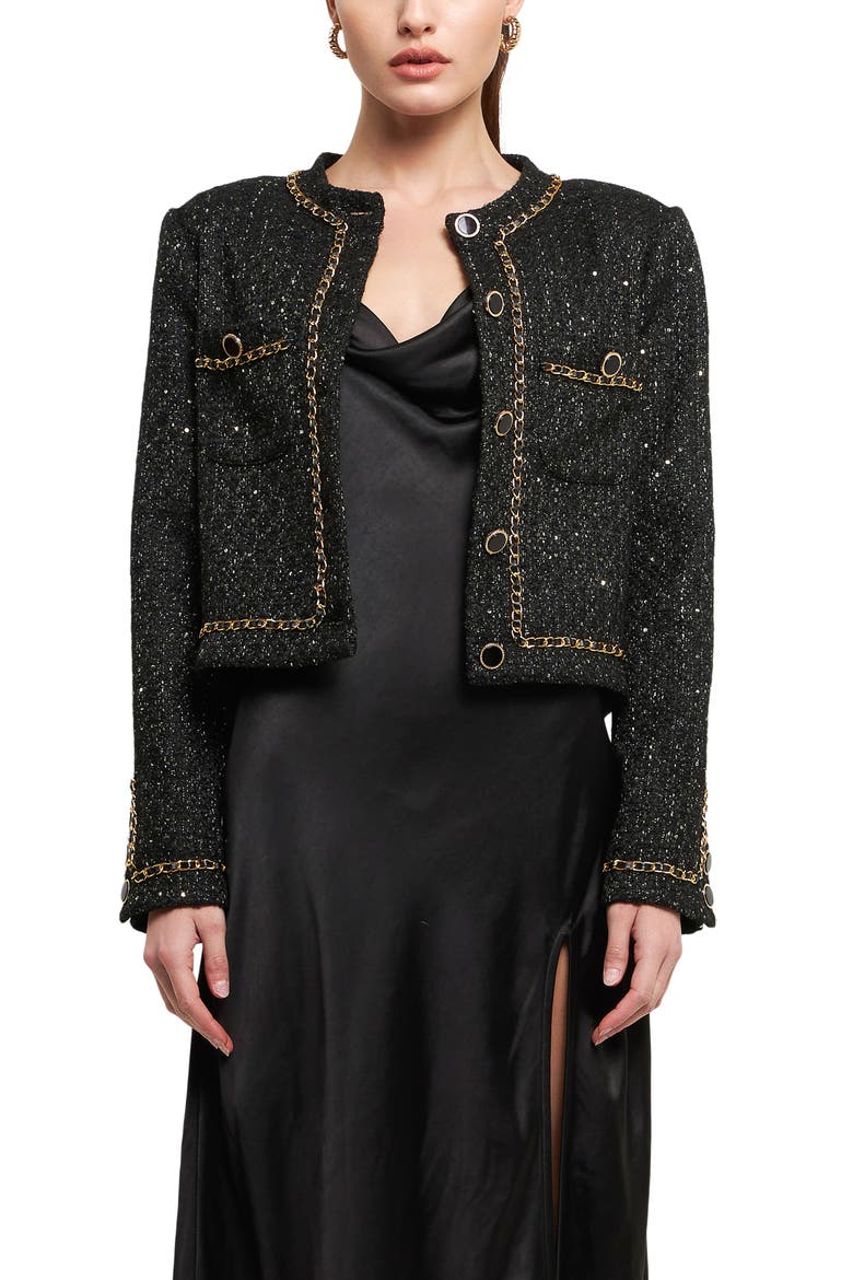 Chain Trim Tweed Crop Blazer, Alternate, color, BLACK