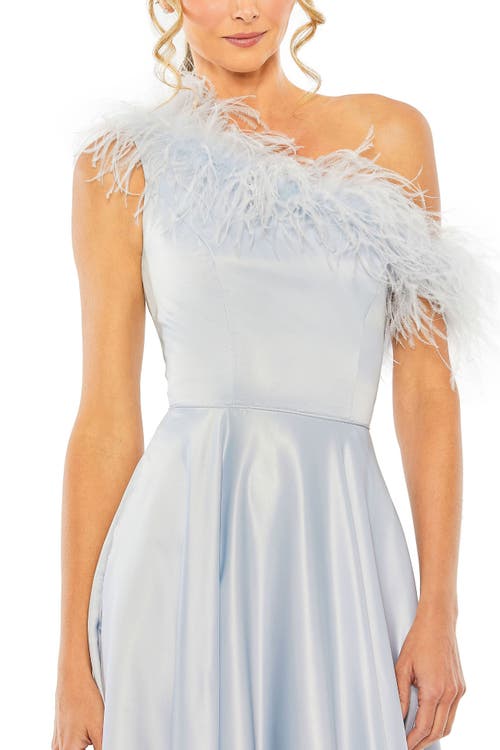 Shop Mac Duggal One Shoulder A Line Gown With Feather Detail In Powder Blue