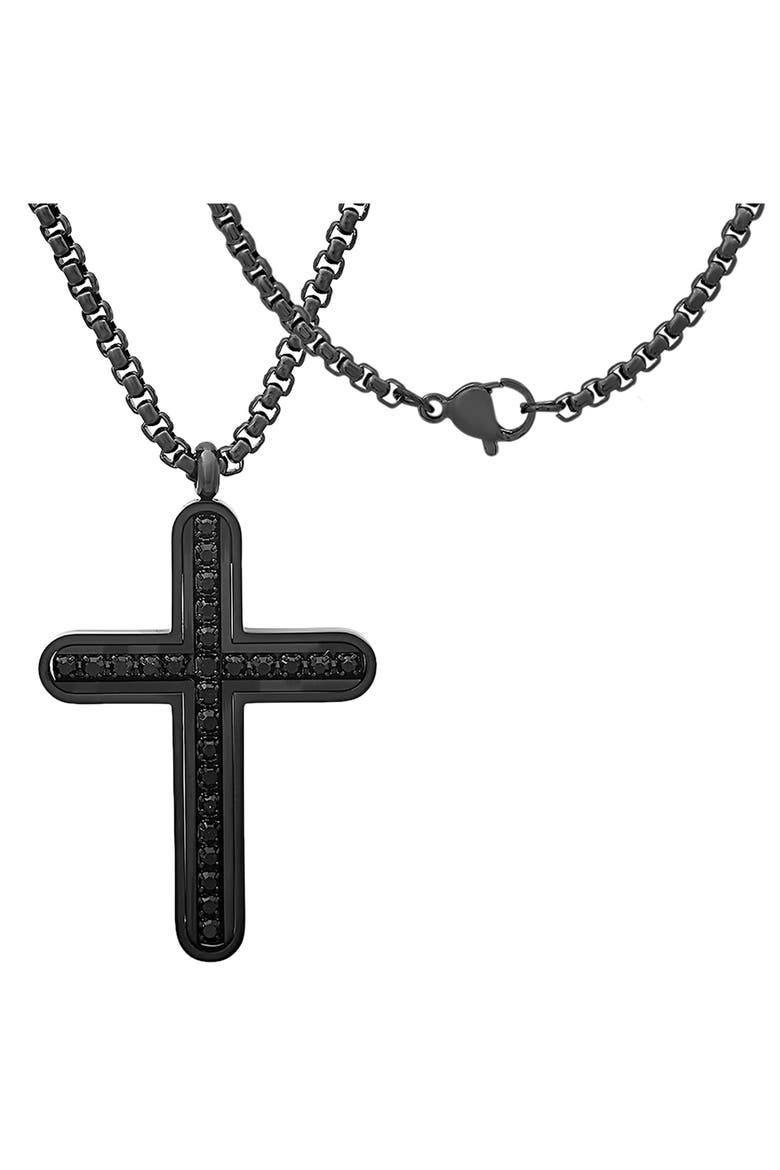 Men's Black Stainless Steel Cubic Zirconia Cross Pendant Necklace, Alternate, color, BLACK