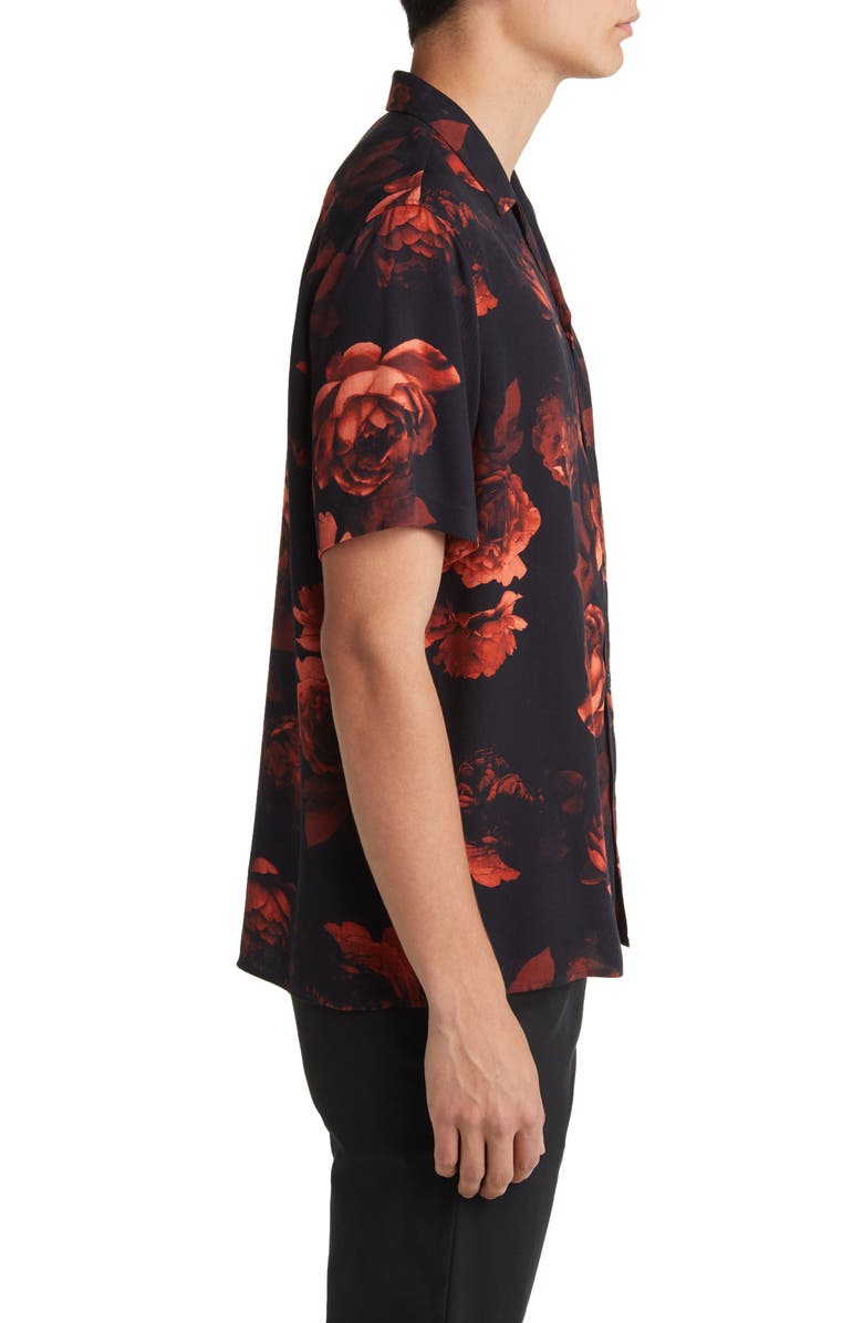 Open Edit Dark Roses Floral Short Sleeve Button-Up Camp Shirt, Alternate, color, 