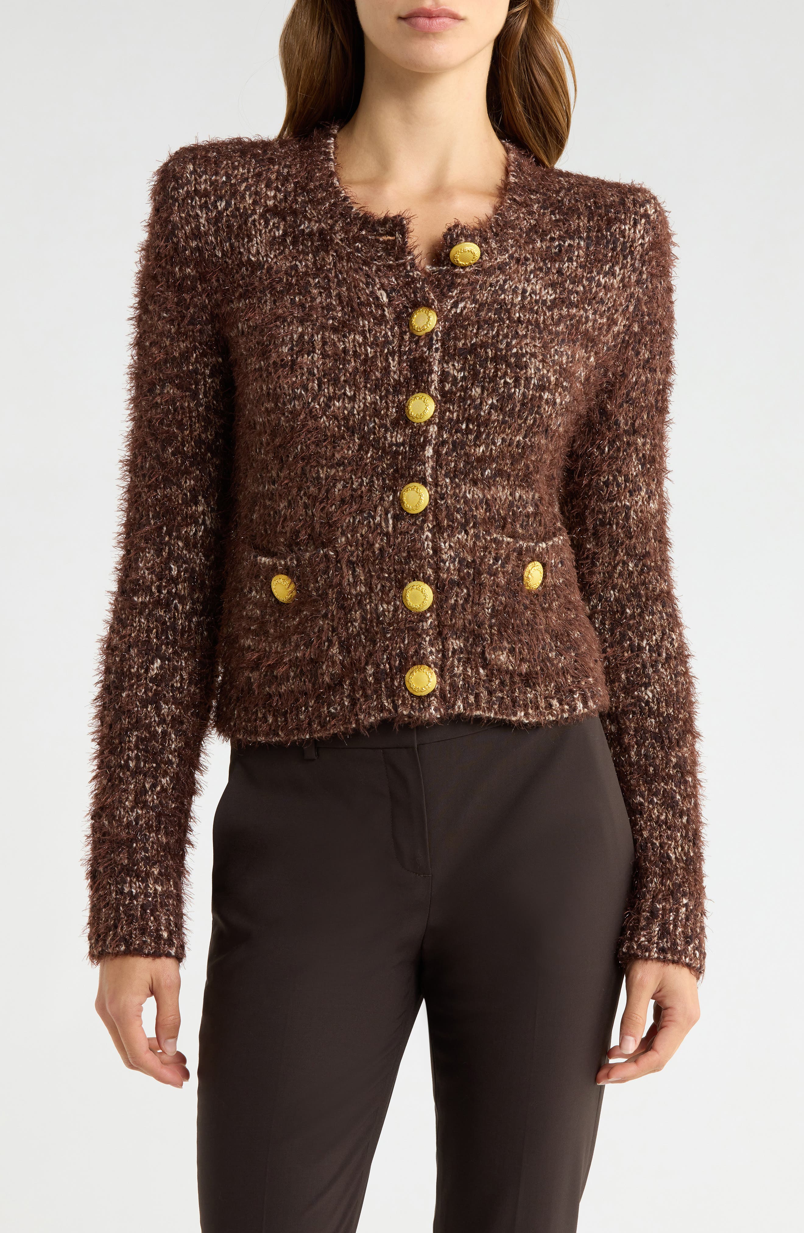 L'AGENCE Una Crop Eyelash Tweed Cardigan