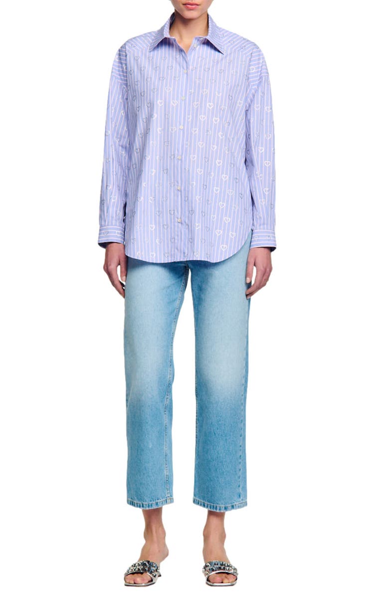 SANDRO Valentine Stripe Rhinestone Heart Cotton Button-Up Shirt, Alternate, color, 