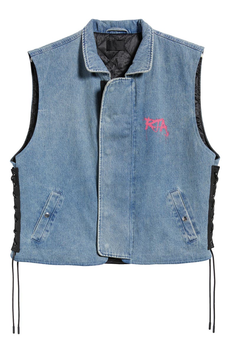 RtA Cesar Graphic Graffiti Denim Vest with Quilted Lining, Main, color, Graffiti Blue