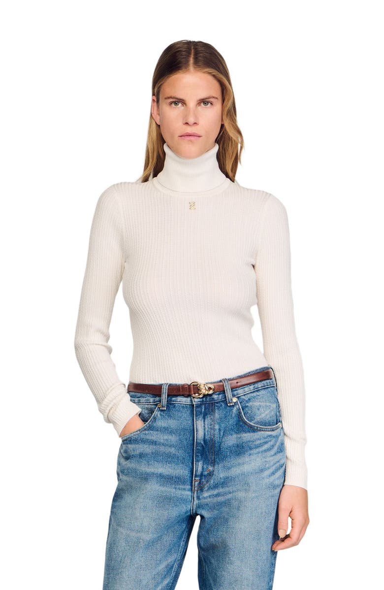 SANDRO Cable-knit turtleneck sweater, Alternate, color, Snow