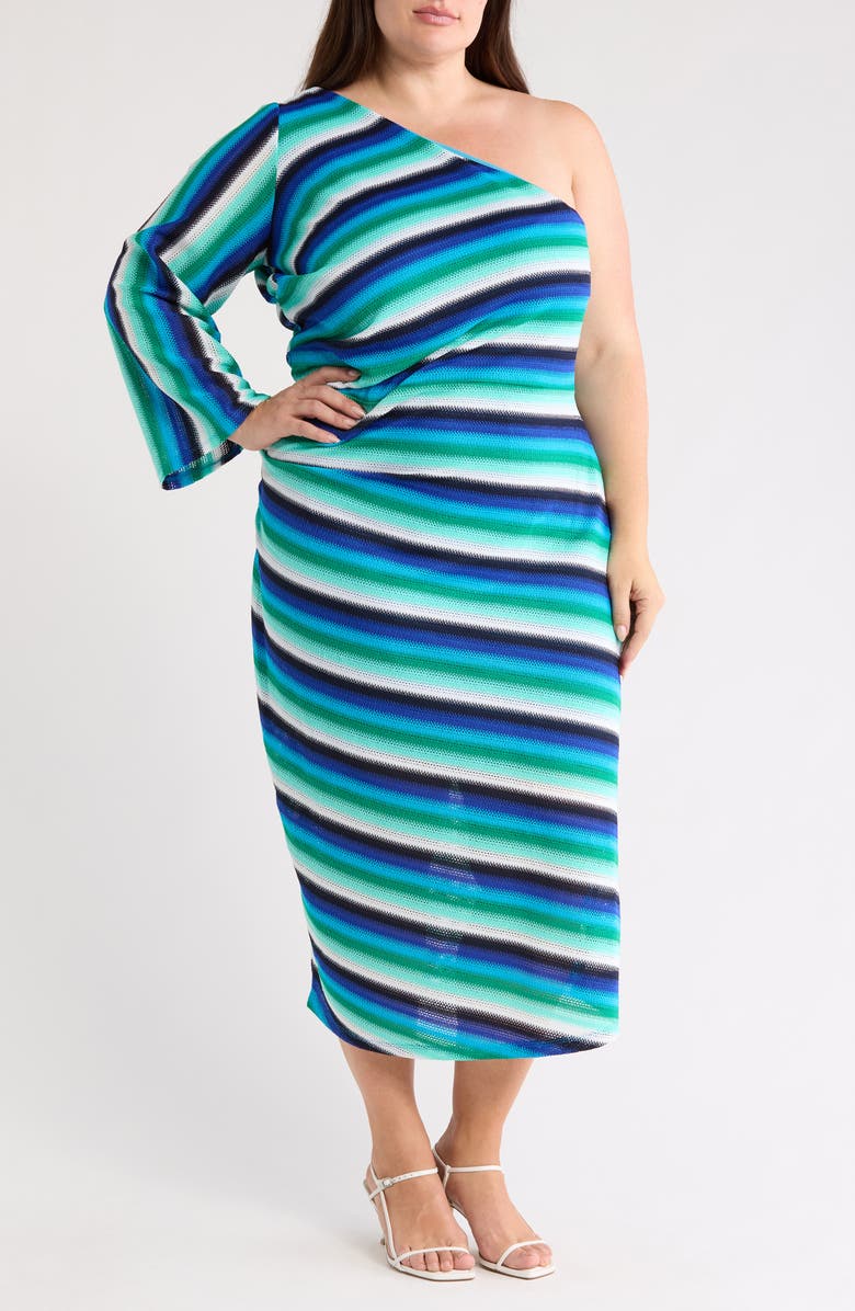 Donna Morgan Stripe One-Shoulder Ruched Shift Dress, Main, color, Blue Combo 2