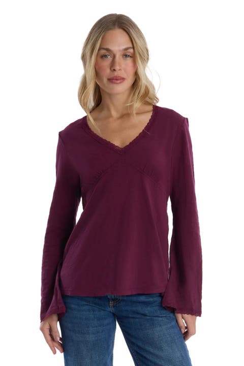 V-Neck Long Sleeve Empire Seam Trapeze Tee with Lace Trims