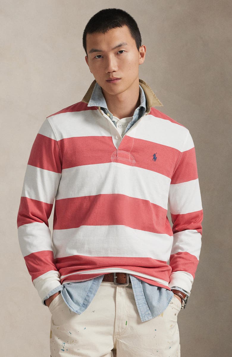 Polo Ralph Lauren Classic Fit Khaki Collar Rugby Shirt, Alternate, color, Red Sky/ Trophy Cream
