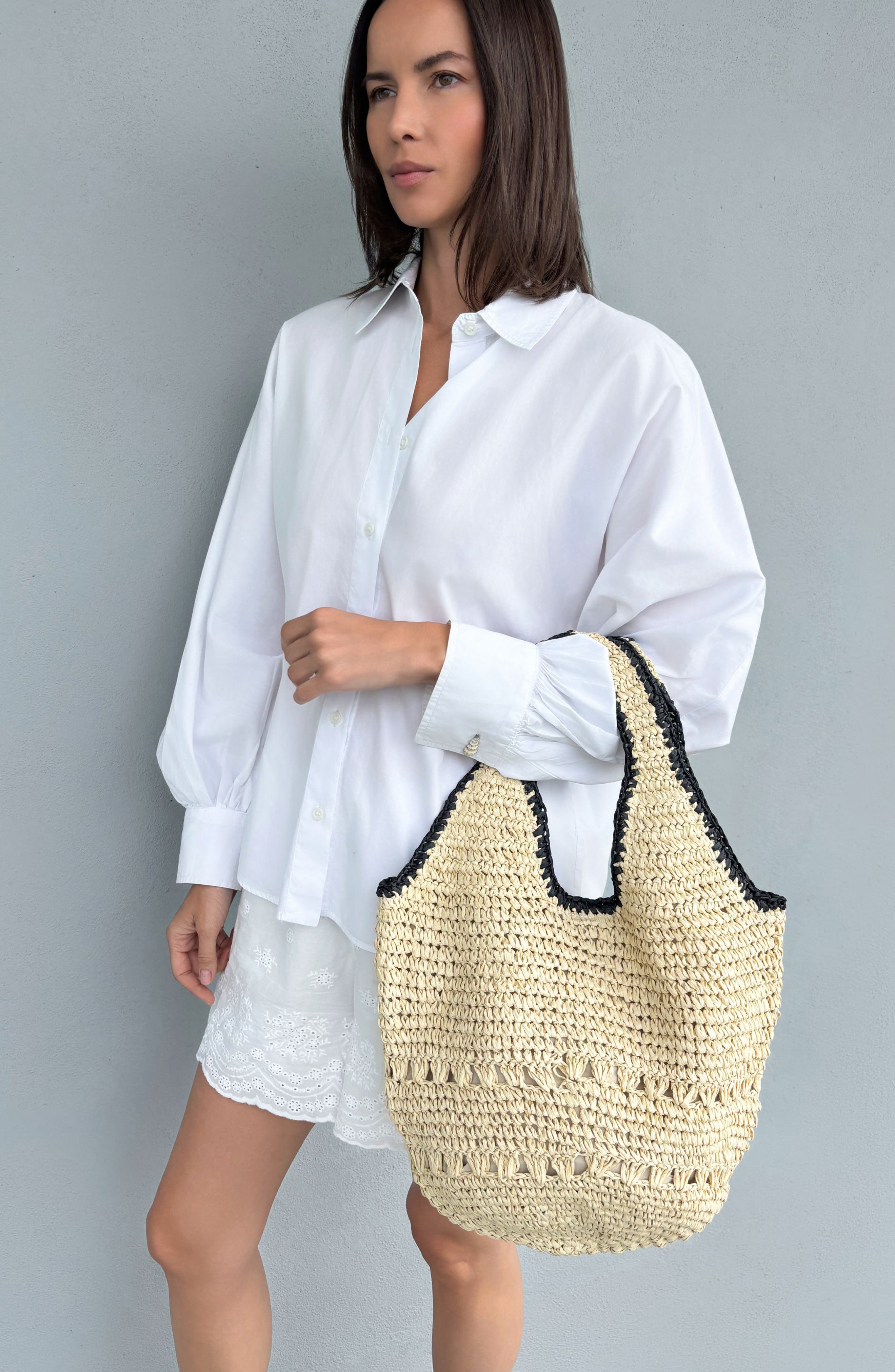 Adornia Oversized Raffia Hobo Shoulder Bag, Alternate, color, White/ Black