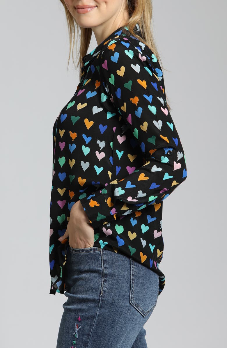 APNY Abstract Print Roll Tab Sleeve Chiffon Button-Up Shirt, Alternate, color, Black Heart Multi