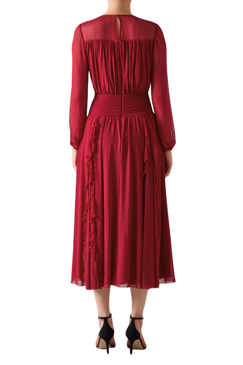 Uma Crinkle Ruffle Long Sleeve Mesh Dress, Alternate, color, RED