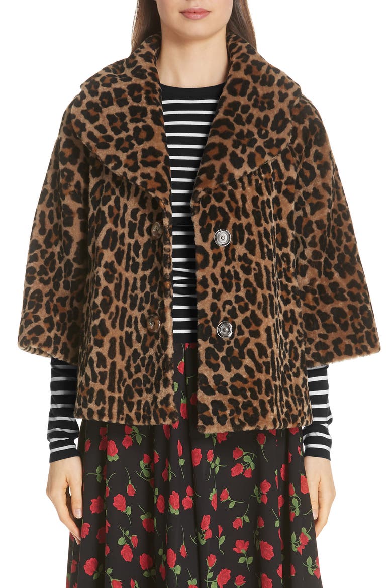 Leopard Print Crop Sleeve Genuine Shearling Coat, Main, color, CHINO