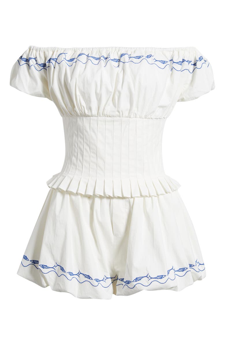 Line & Dot Oia Pleated Off the Shoulder Romper, Main, color, White/ Blue
