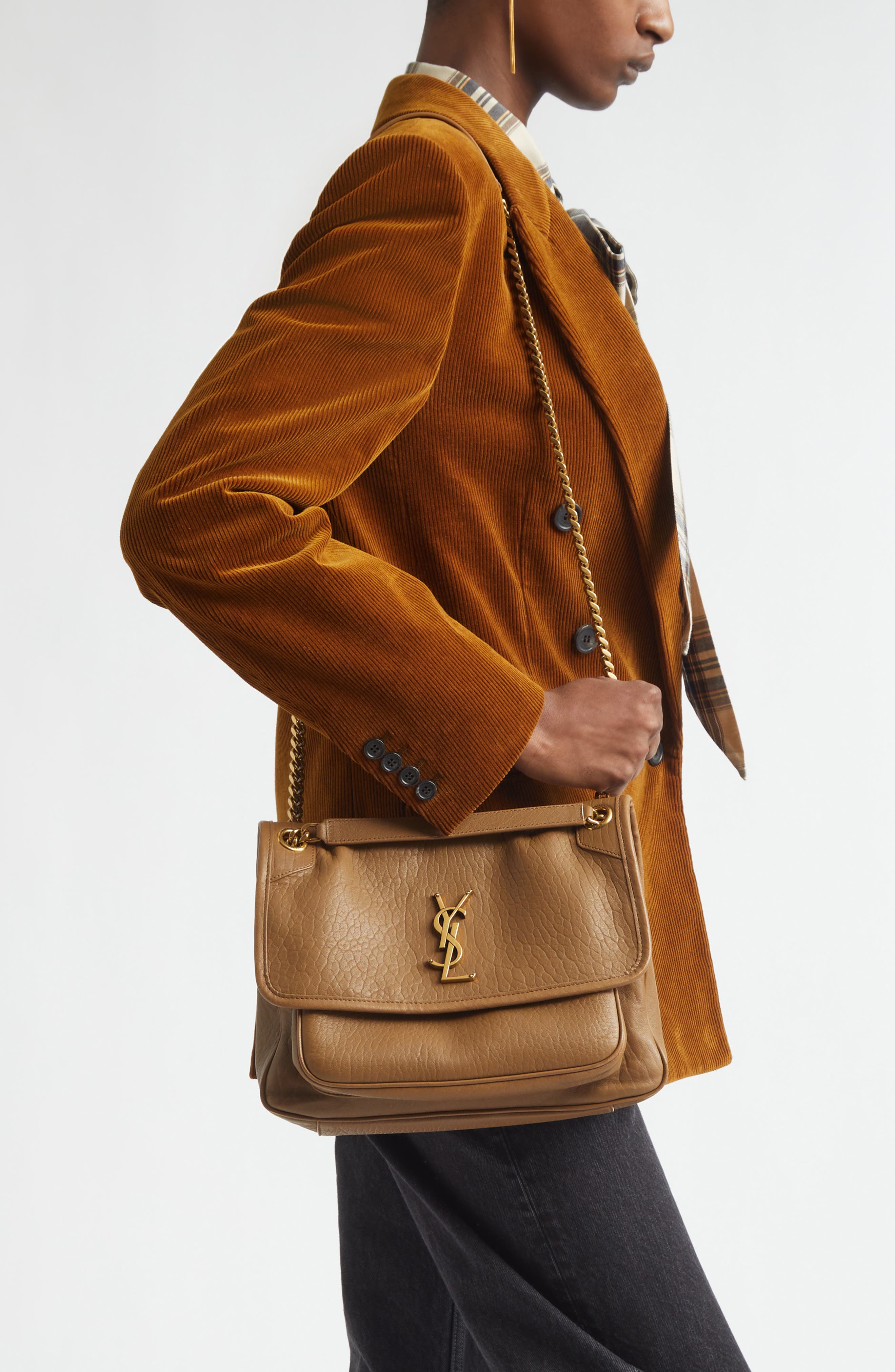 Saint Laurent Medium Niki Leather Shoulder Bag, Alternate, color, Dark Cork