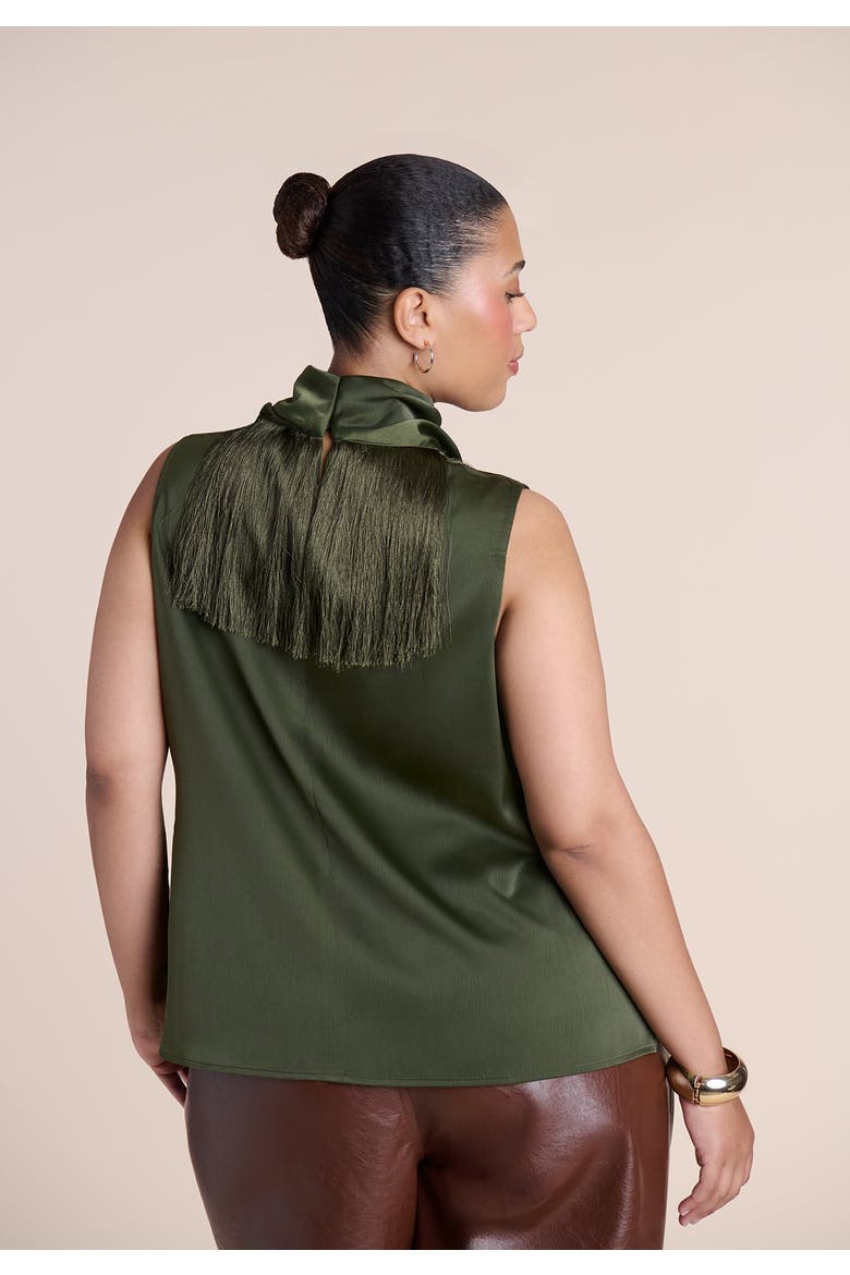 Satin Fringed Scarf Top, Alternate, color, GARDEN OLIVE
