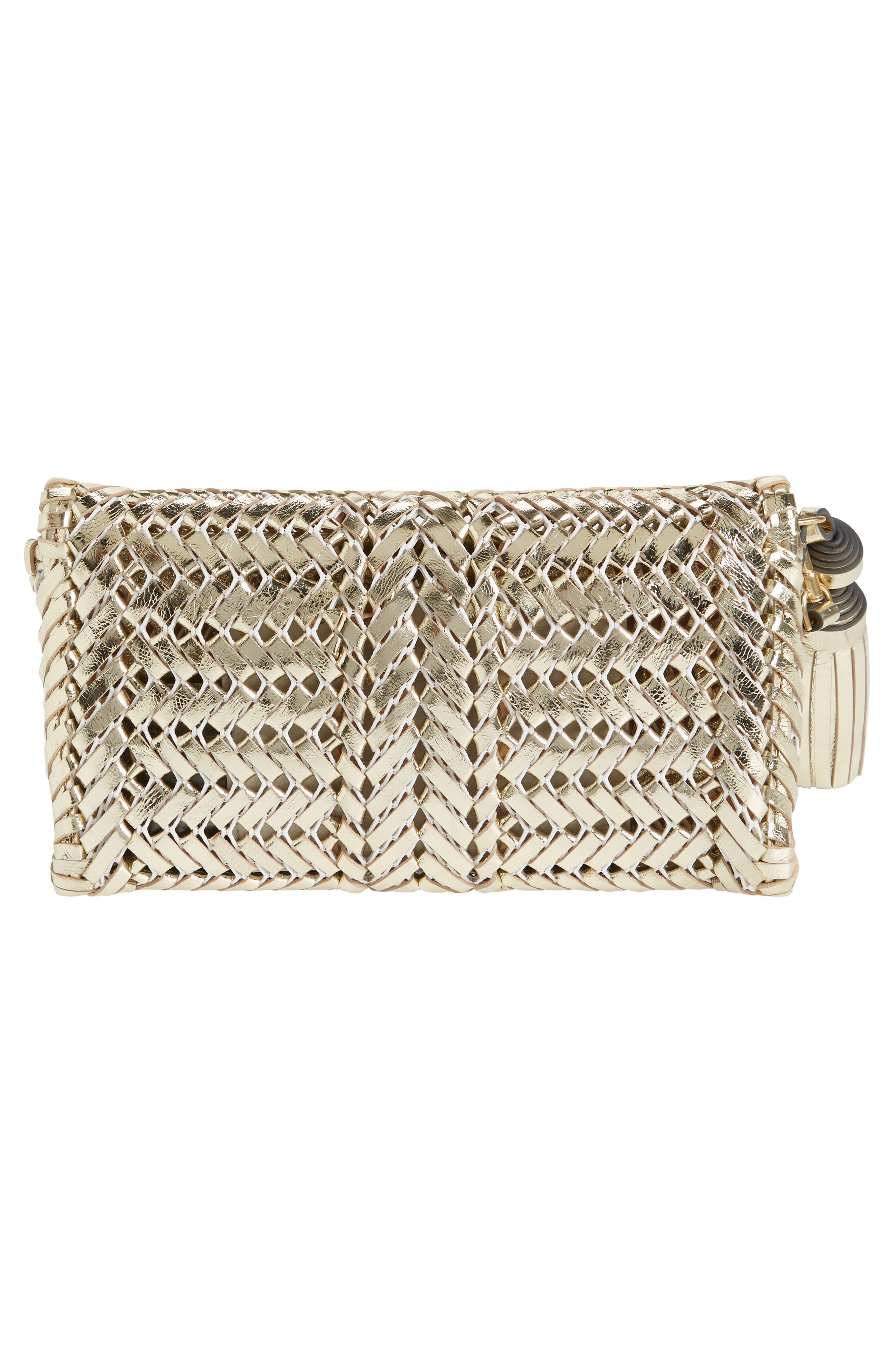 Anya Hindmarch The Neeson Herringbone Woven Metallic Leather Tassel Clutch, Alternate, color, Platino
