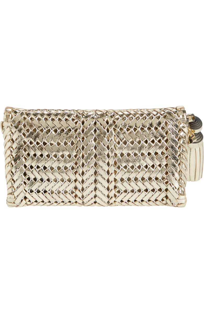 Anya Hindmarch The Neeson Herringbone Woven Metallic Leather Tassel Clutch, Alternate, color, Platino