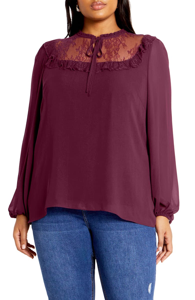 City Chic Greta Lace Trim Top, Main, color, Plum