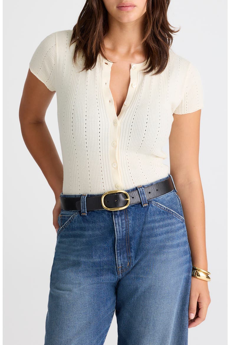 Short Sleeve Pointelle Cotton Blend Cardigan, Main, color, IVORY