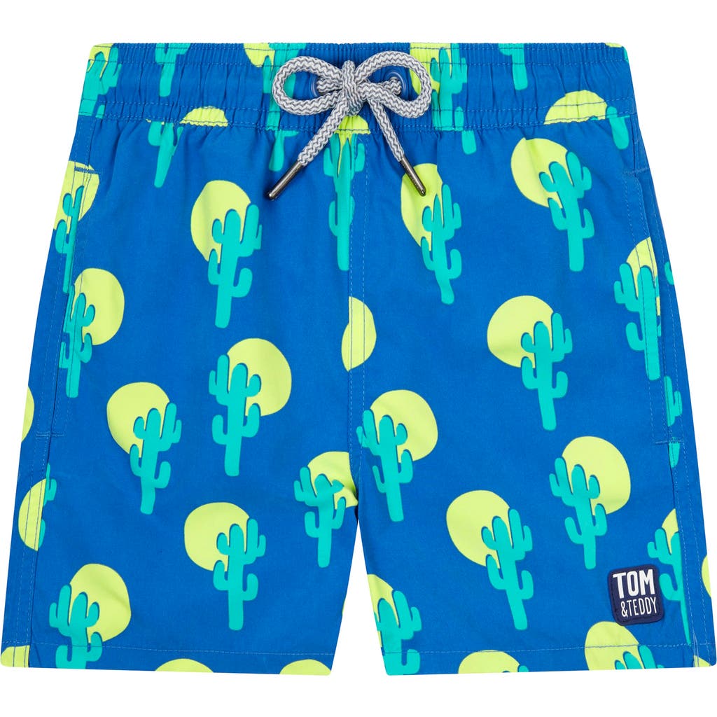 Tom & Teddy Kids' Cactus Print Performance Swim Trunks In Blue Green