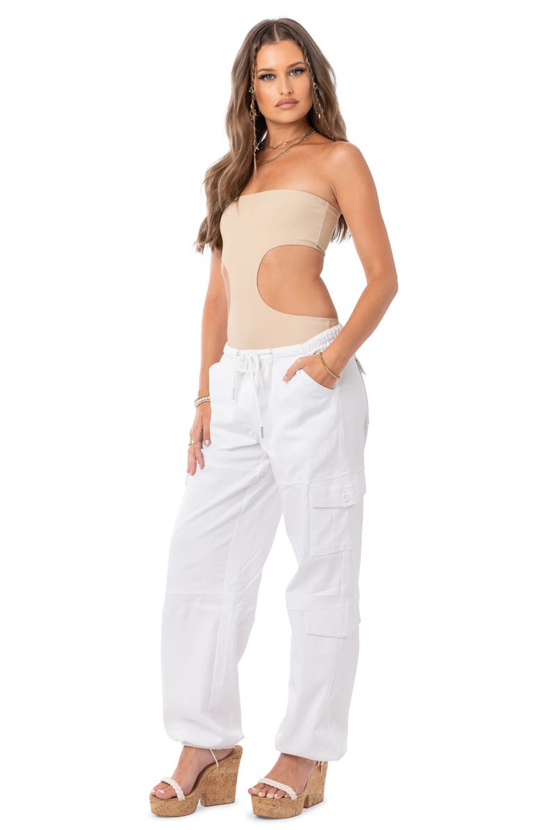 EDIKTED Vivie Rib Strapless Cutout Bodysuit, Alternate, color, Beige