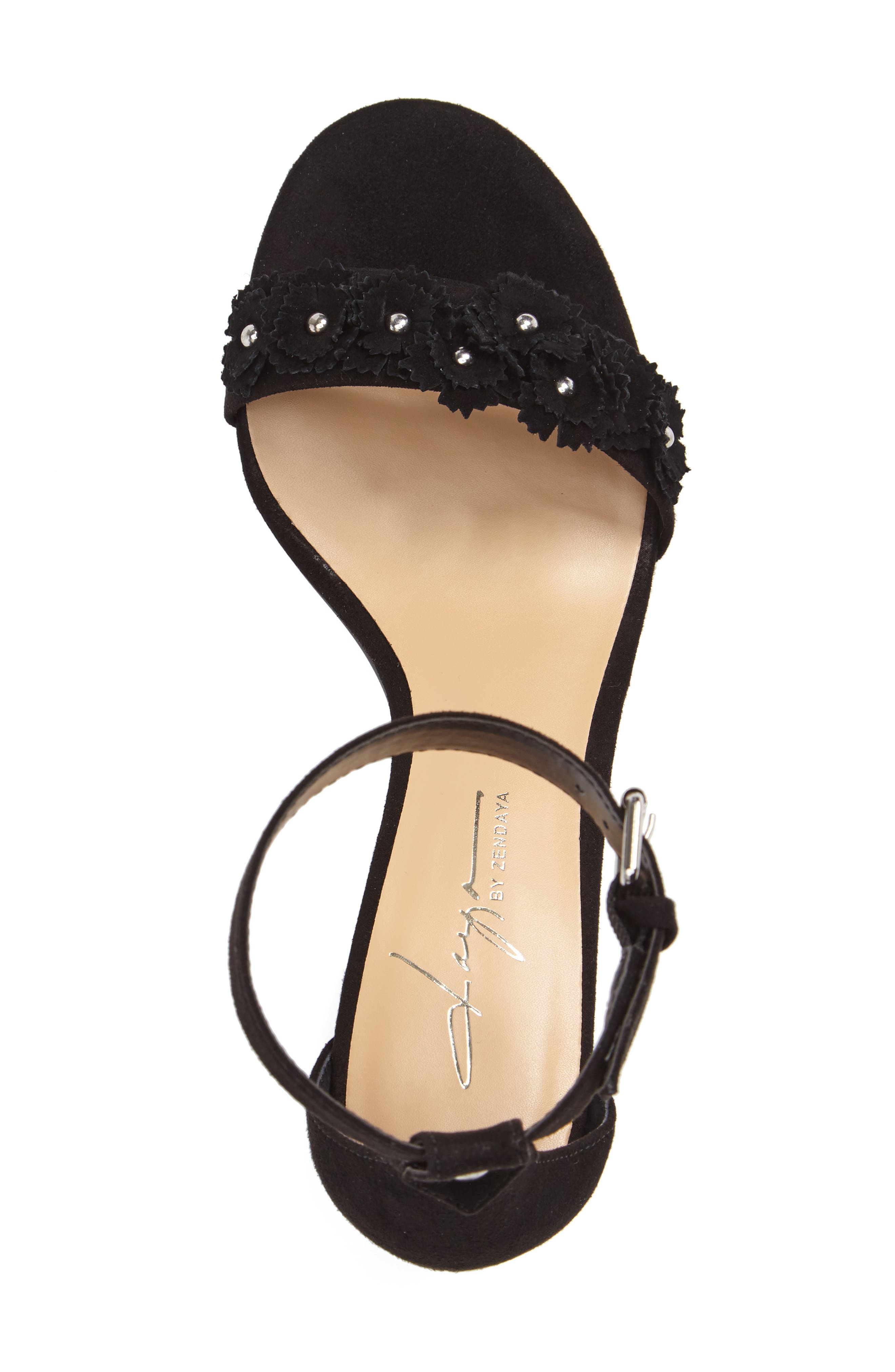 by Zendaya Marietta Flowered Sandal, Alternate, color, BLACK MICROSUEDE
