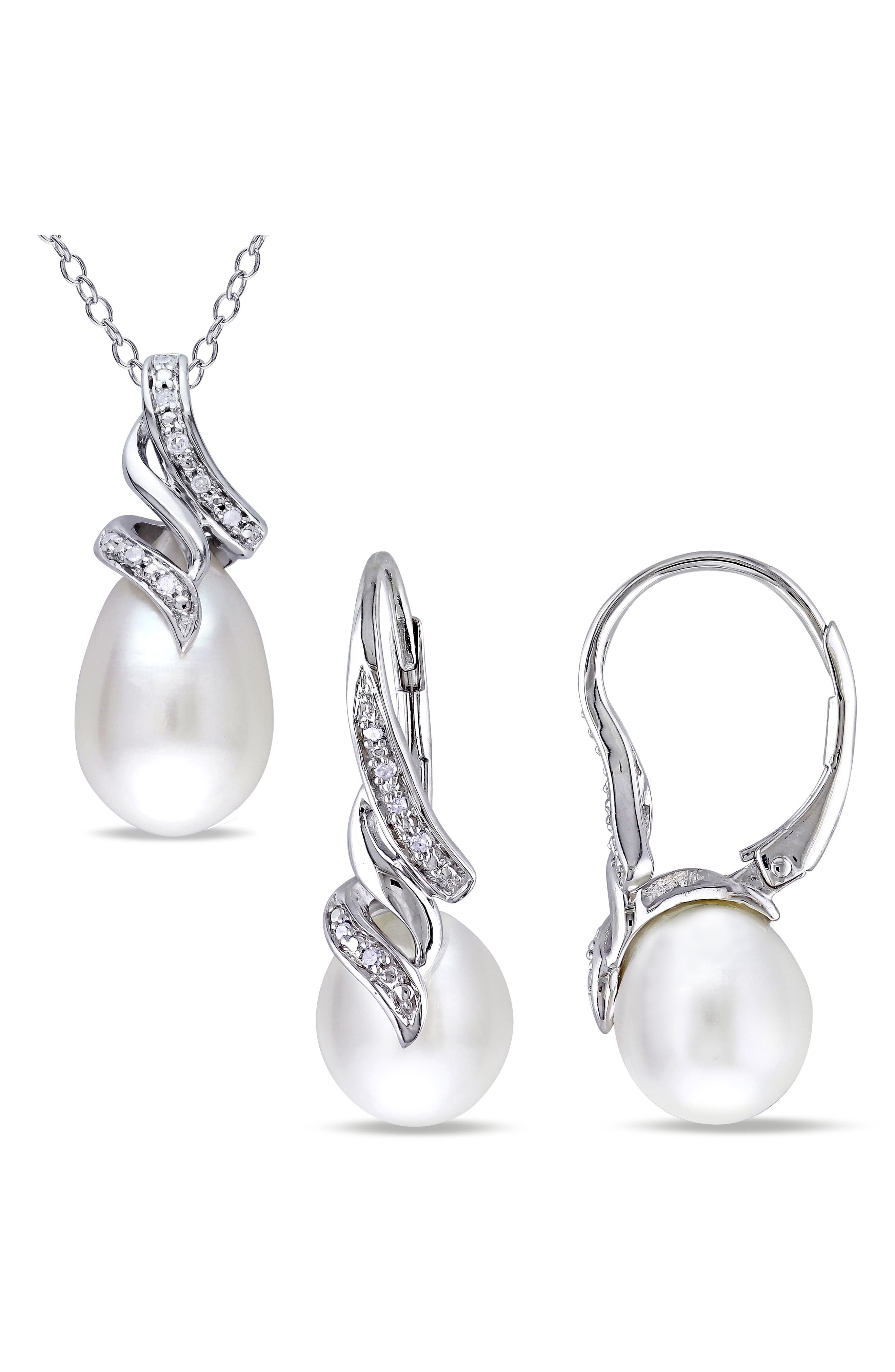 DELMAR Cultured Freshwater Pearl & Diamond Necklace & Drop Earrings Set - 0.09ct.