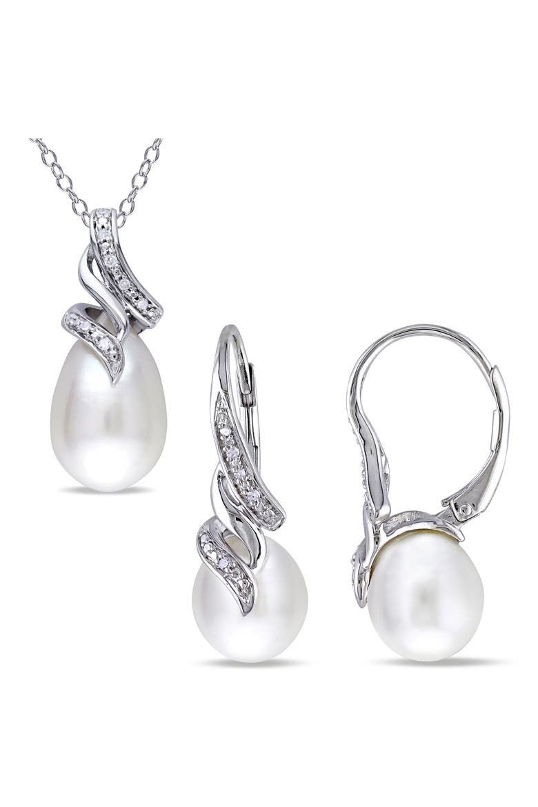 Cultured Freshwater Pearl & Diamond Necklace & Drop Earrings Set - 0.09ct., Main, color, WHITE